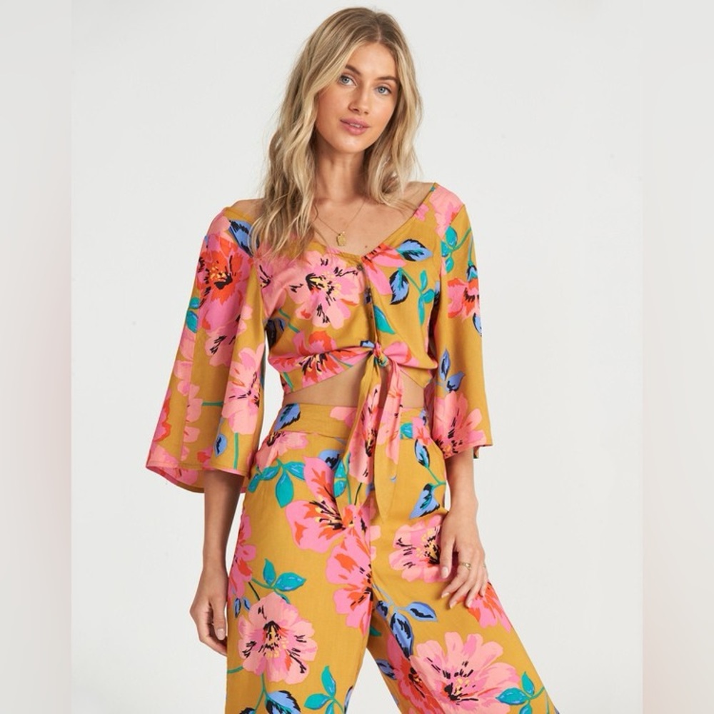 Billabong Mustard Floral Tie-Front Jumpsuit with Pink & Blue Flowers